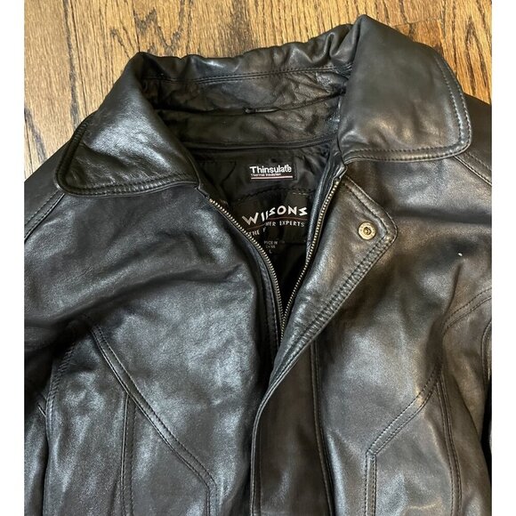 Vintage Wilsons Long Leather Black Jacket Mens Large Lined 3M Thinsulate - Picture 8 of 12